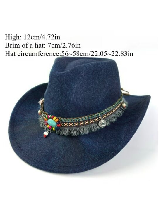 Western Bohemian Hat Braided Trim with Tassels Beads & Coin Marbled Blue-Black